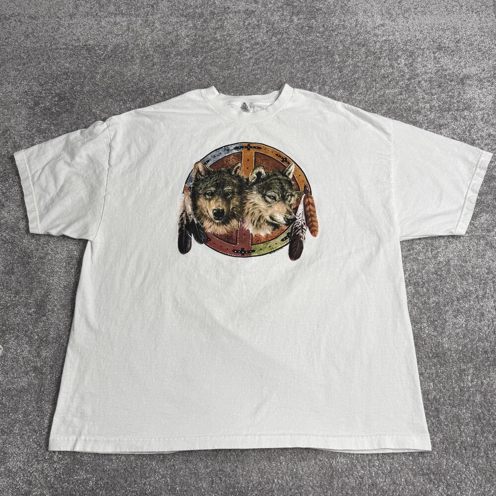 Vintage Native American Wolf Shirt Mens 3XL White Graphic Tee Feathers Nature